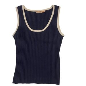 Black Ribbed Knit Tank Top Tan Trim Scoop Neck Fitted 90s Minimalist French Girl